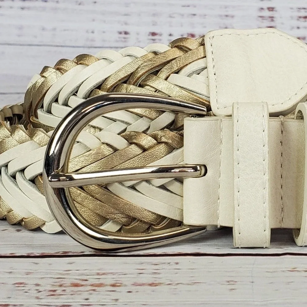 Leather Belt White Gold Silver Tone Buckle Classic Braided Adjustable 1.5 X 37.5